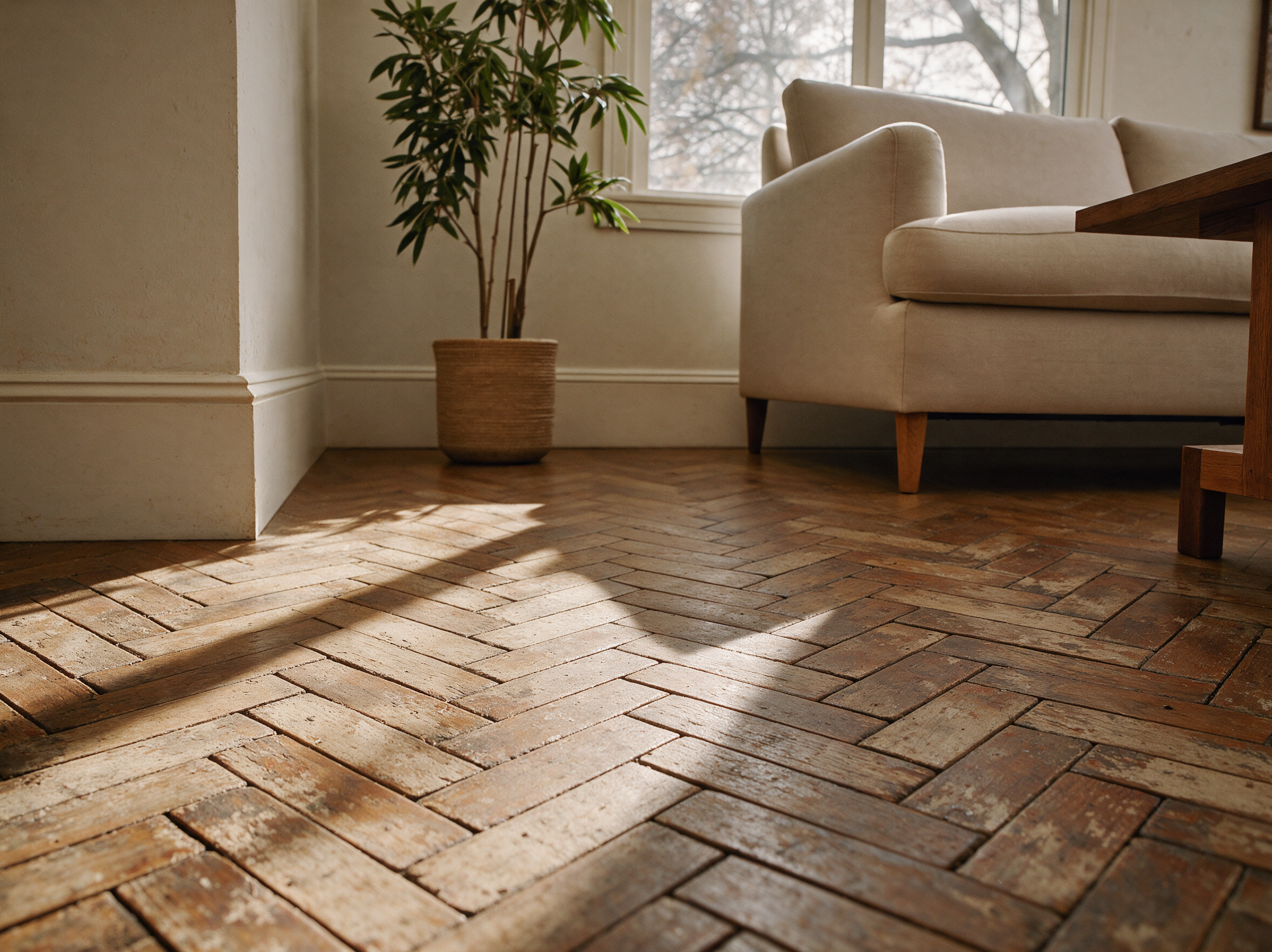 Worn hardwood floor before refinishing