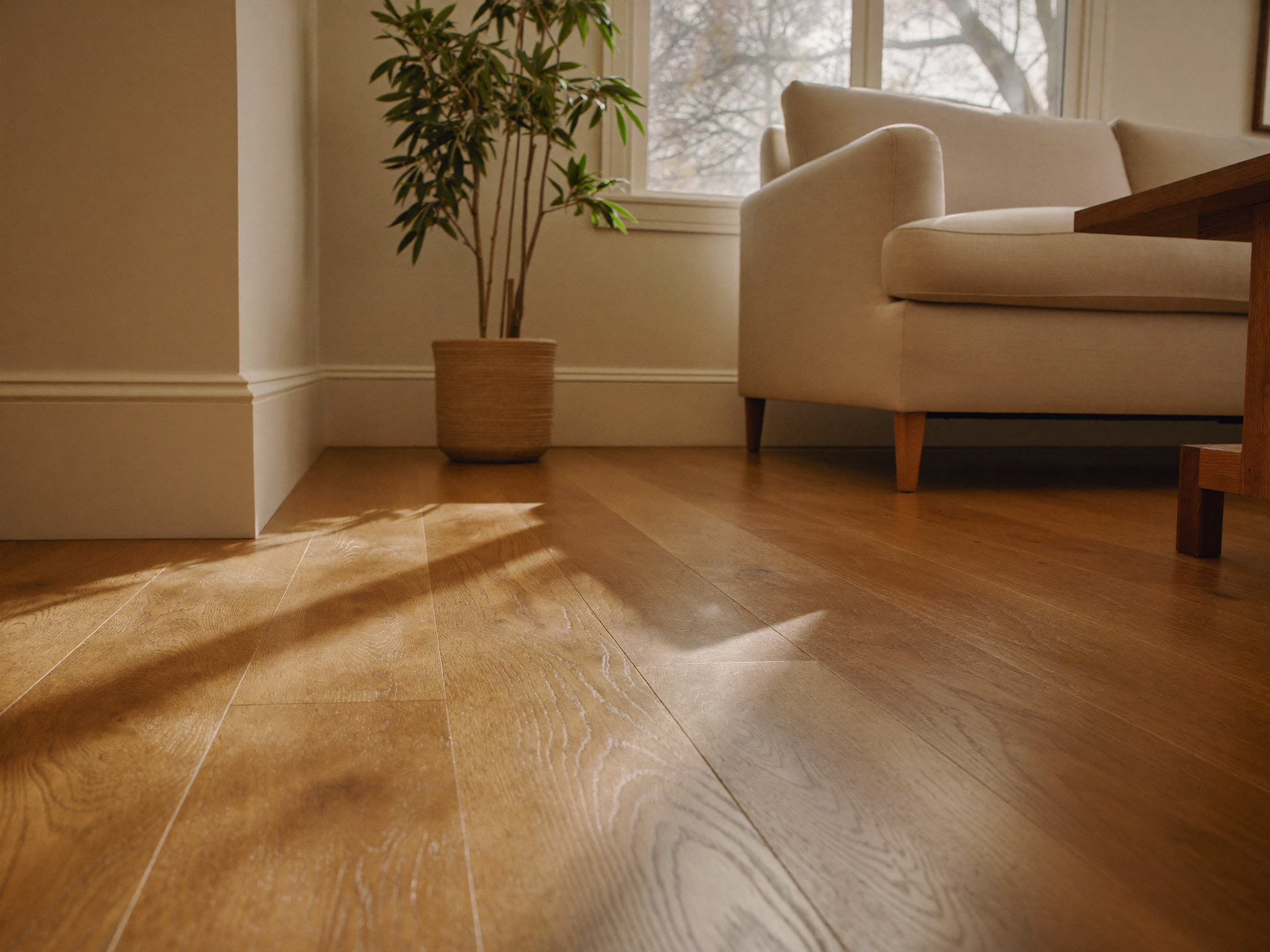 Refinished glossy hardwood floor after sanding and sealing